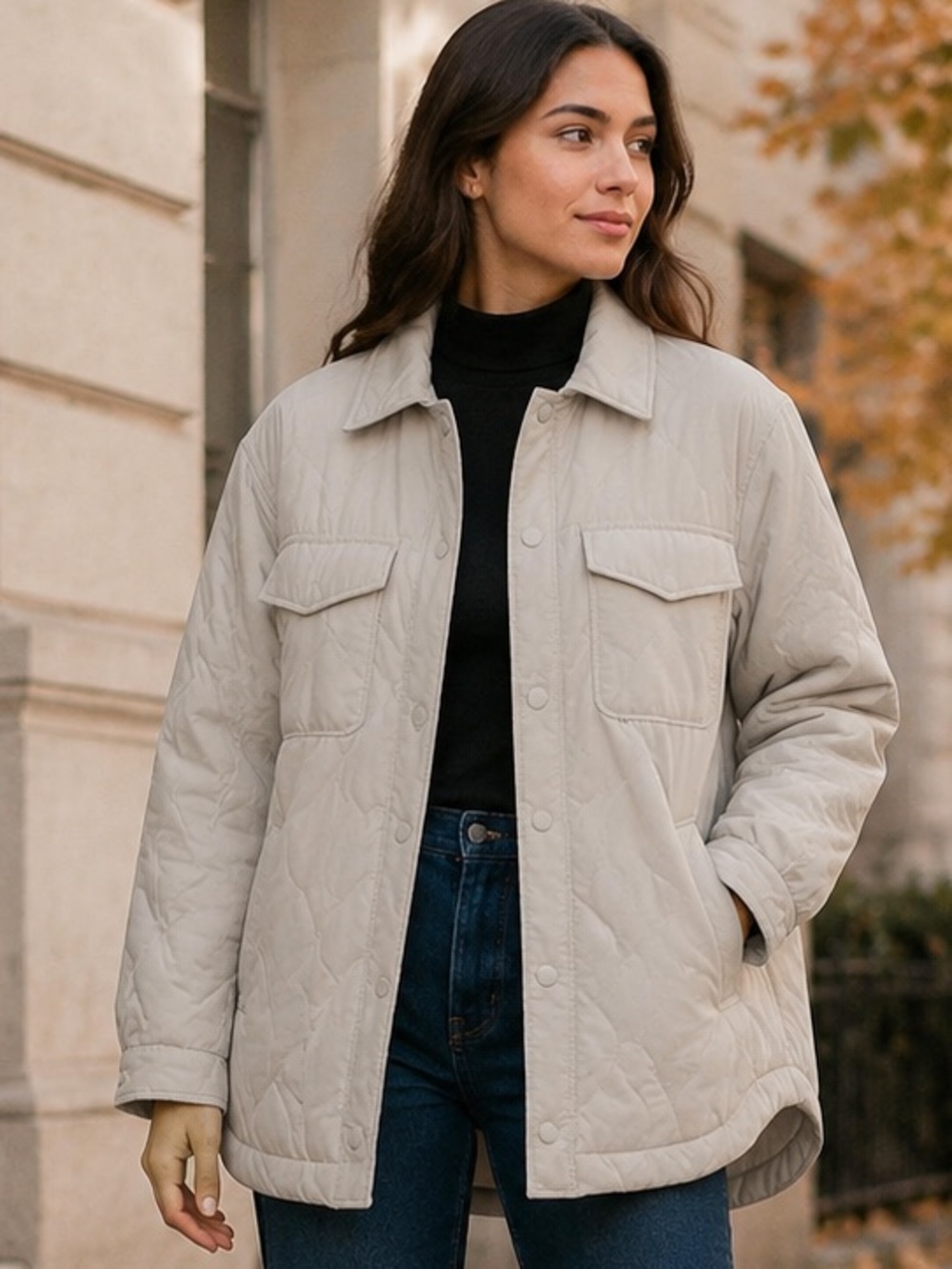 H&M Divided Beige Quilted Shacket Snap Front Jacket Women’s Small